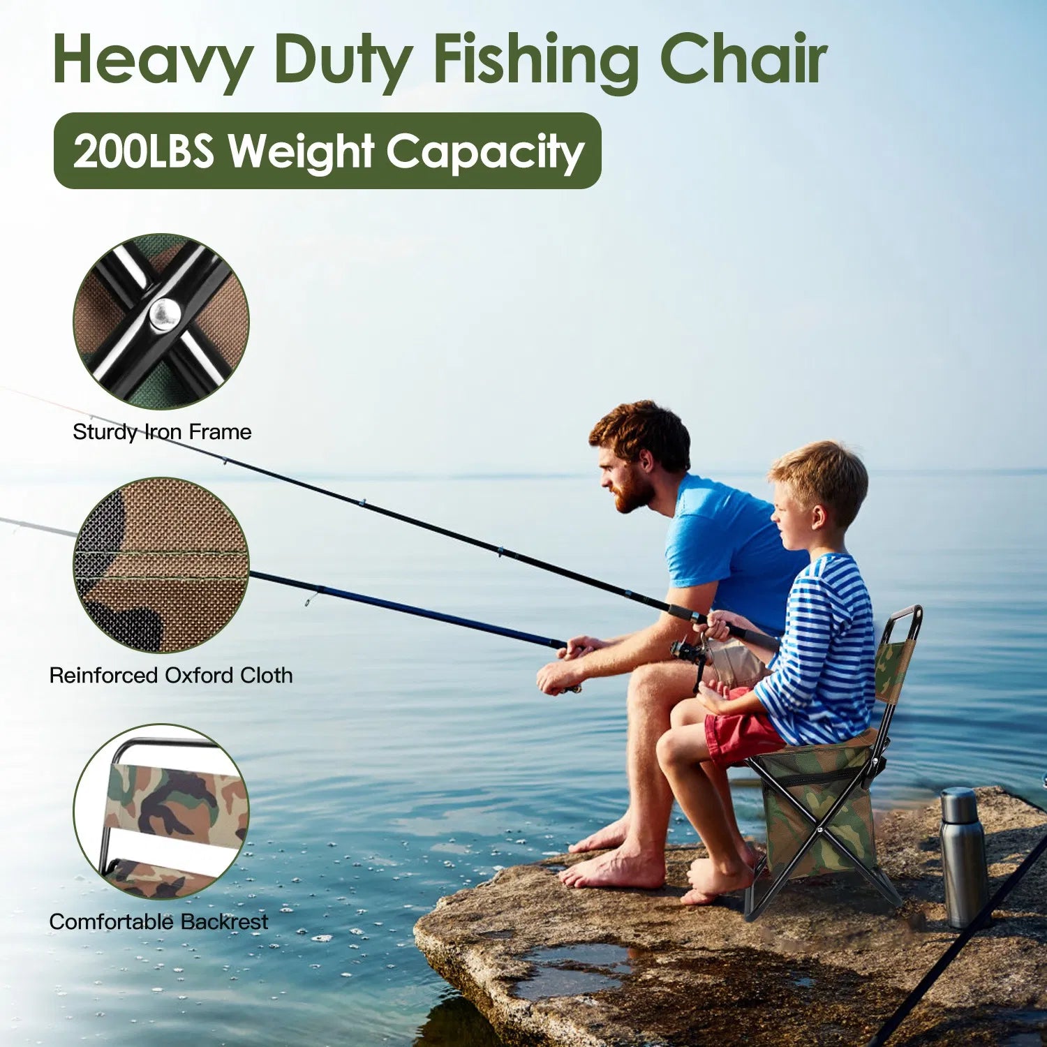 Foldable Camping Fishing Chair with Built‑in Cooler Bag, Portable Lightweight Outdoor Stool with Backrest, 200 LBS Capacity for Hunting Picnic Travel, Camo