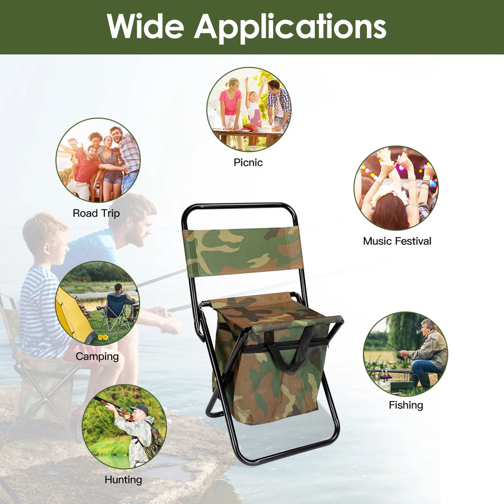 Foldable Camping Fishing Chair with Built‑in Cooler Bag, Portable Lightweight Outdoor Stool with Backrest, 200 LBS Capacity for Hunting Picnic Travel, Camo