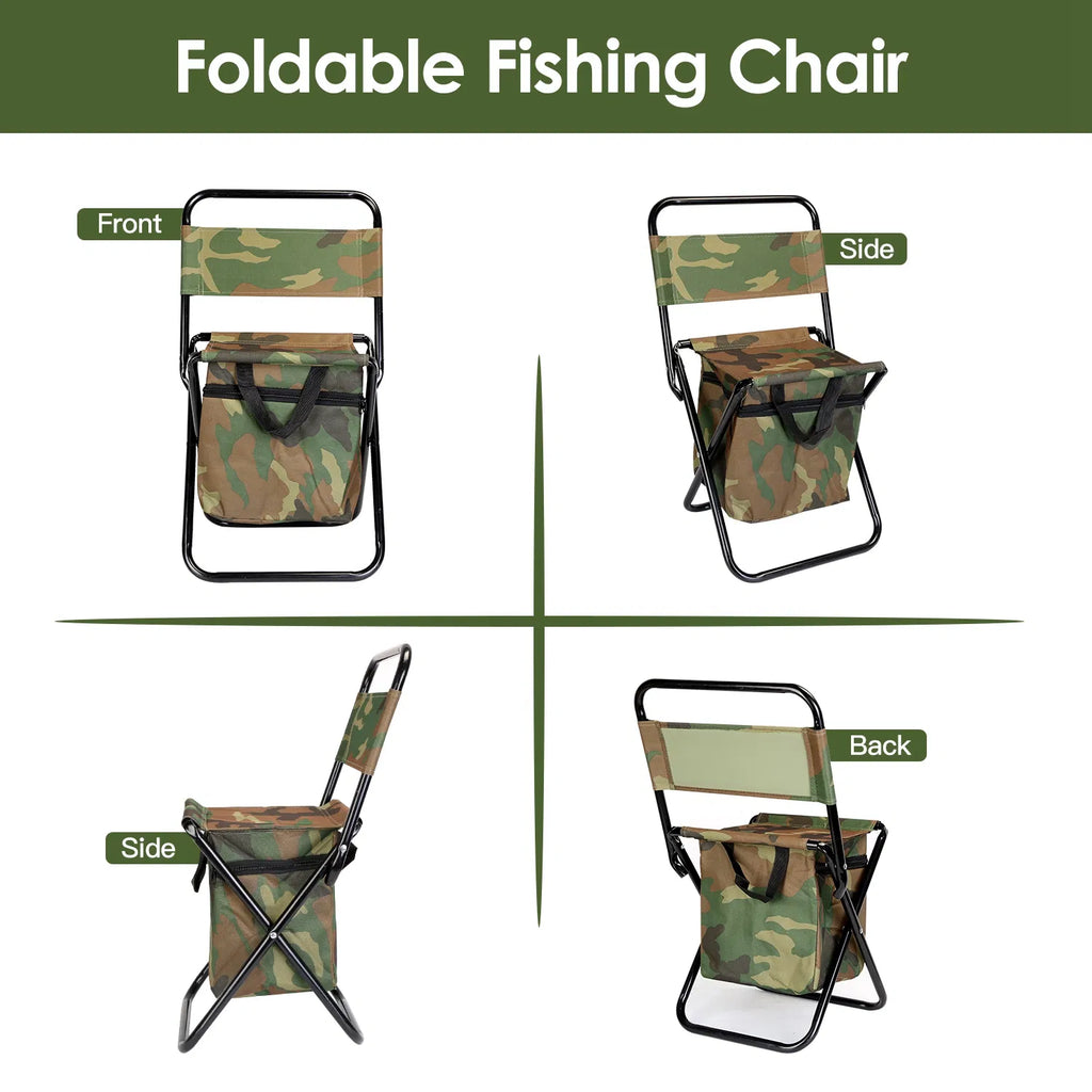 Foldable Camping Fishing Chair with Built‑in Cooler Bag, Portable Lightweight Outdoor Stool with Backrest, 200 LBS Capacity for Hunting Picnic Travel, Camo