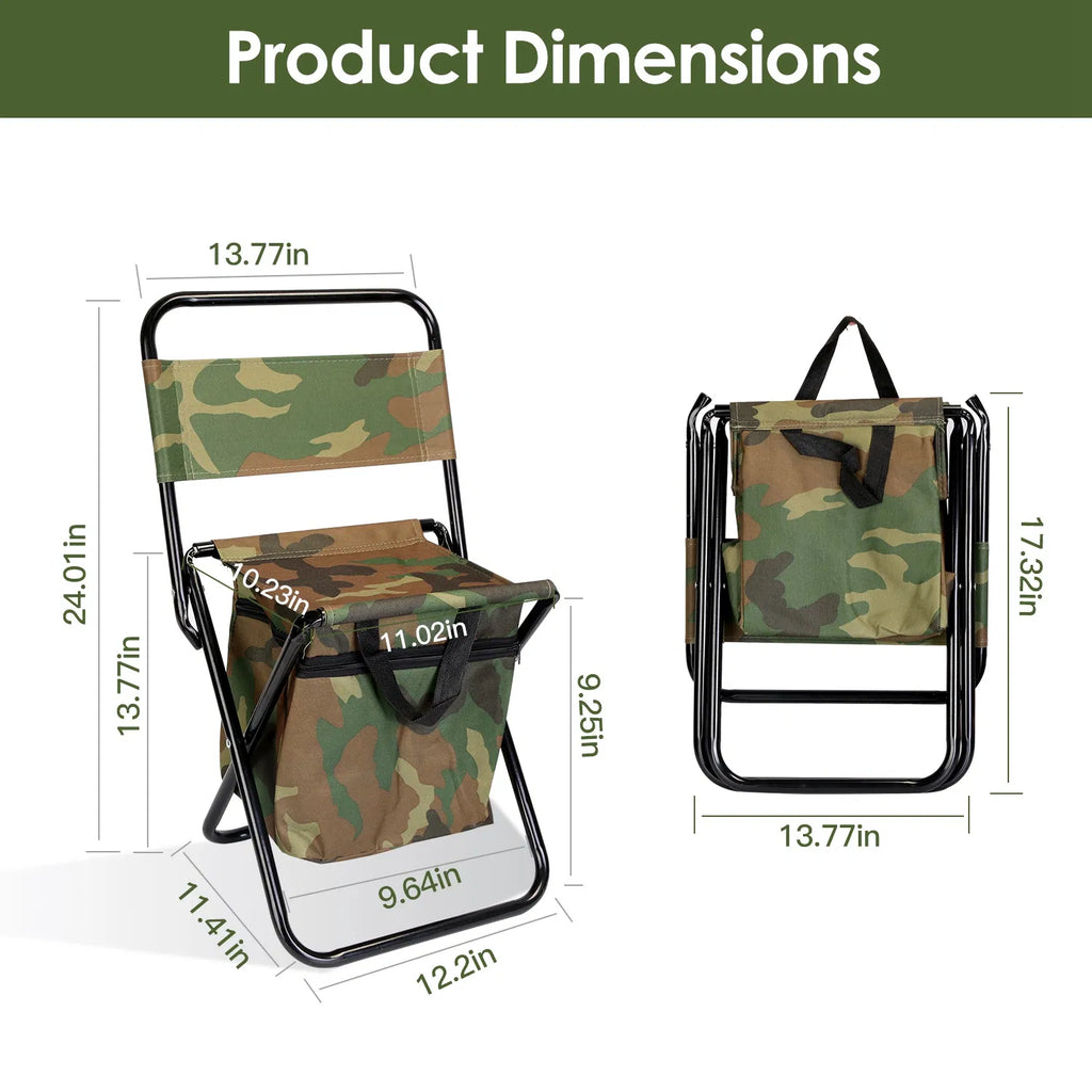 Foldable Camping Fishing Chair with Built‑in Cooler Bag, Portable Lightweight Outdoor Stool with Backrest, 200 LBS Capacity for Hunting Picnic Travel, Camo