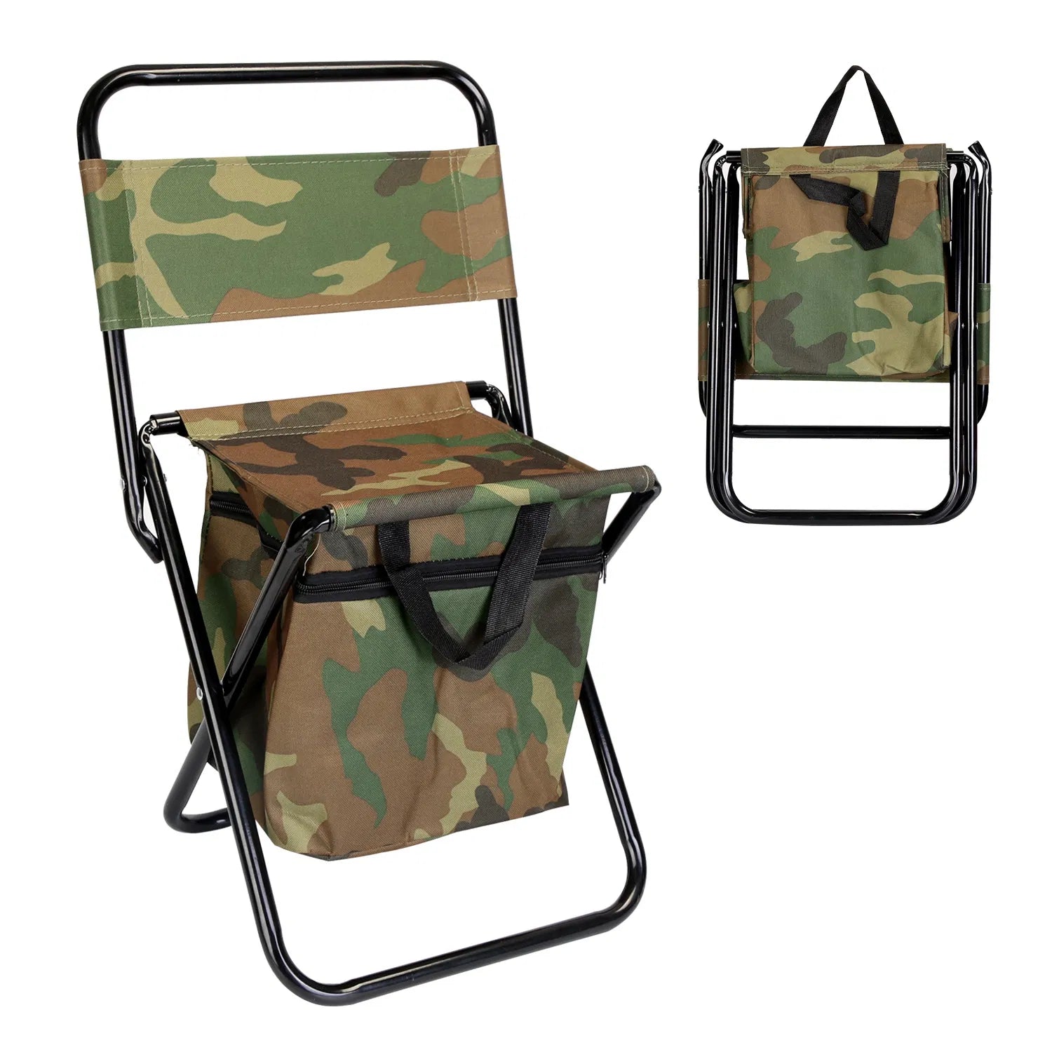 Foldable Camping Fishing Chair with Built‑in Cooler Bag, Portable Lightweight Outdoor Stool with Backrest, 200 LBS Capacity for Hunting Picnic Travel, Camo