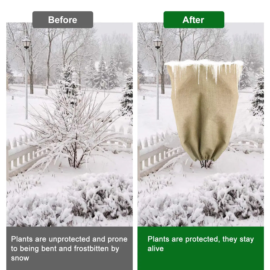 4‑Pack Burlap Winter Plant Covers 40"x32", Breathable Drawstring Plant Freeze Protection Bags for Shrubs Trees, Reusable Cold Frost Animal Barrier for Outdoor Garden Plants
