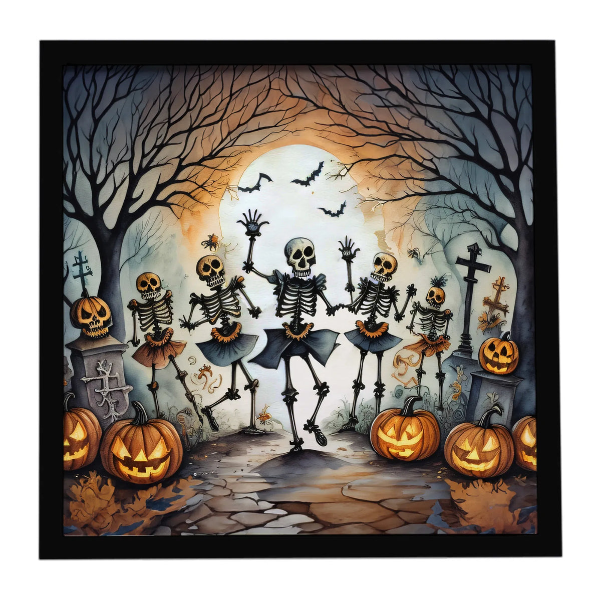 8x8 Inch Framed Halloween Wall Art, Dancing Skeletons Graveyard Pumpkin Spooky Print, Ready‑to‑Hang Metal Framed Art for Kitchen Bathroom Porch Home Decor, Made in USA