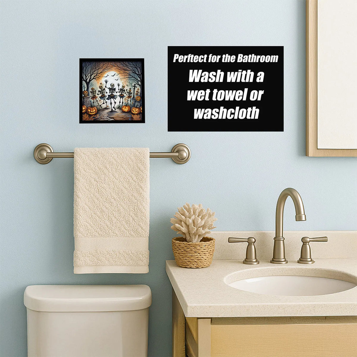 8x8 Inch Framed Halloween Wall Art, Dancing Skeletons Graveyard Pumpkin Spooky Print, Ready‑to‑Hang Metal Framed Art for Kitchen Bathroom Porch Home Decor, Made in USA