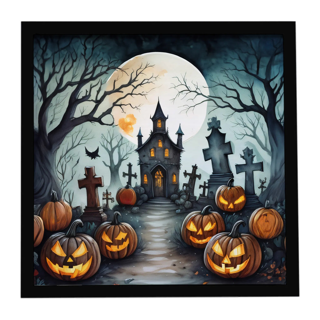 8x8 Inch Framed Halloween Wall Art, Haunted House Graveyard Jack‑o‑Lantern Metal Print, Ready‑to‑Hang Spooky Decor for Kitchen Bathroom Porch