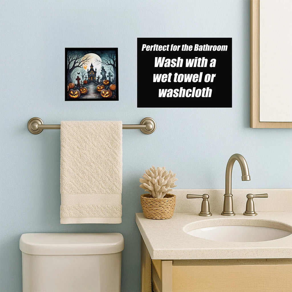 8x8 Inch Framed Halloween Wall Art, Haunted House Graveyard Jack‑o‑Lantern Metal Print, Ready‑to‑Hang Spooky Decor for Kitchen Bathroom Porch