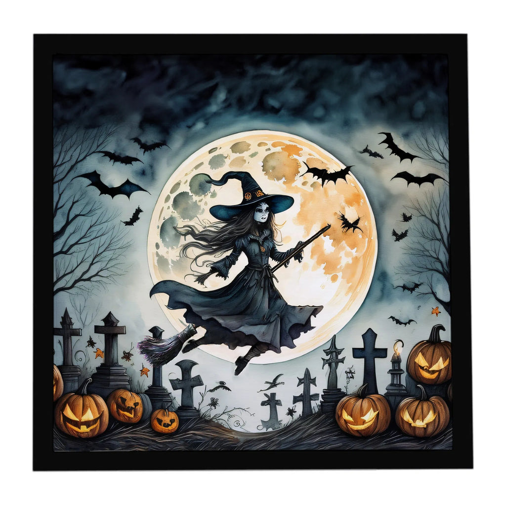 8x8 Inch Framed Halloween Wall Art, Flying Witch Bats Jack‑o‑Lantern Graveyard Metal Print, Ready‑to‑Hang Spooky Decor for Kitchen Bathroom Covered Porch