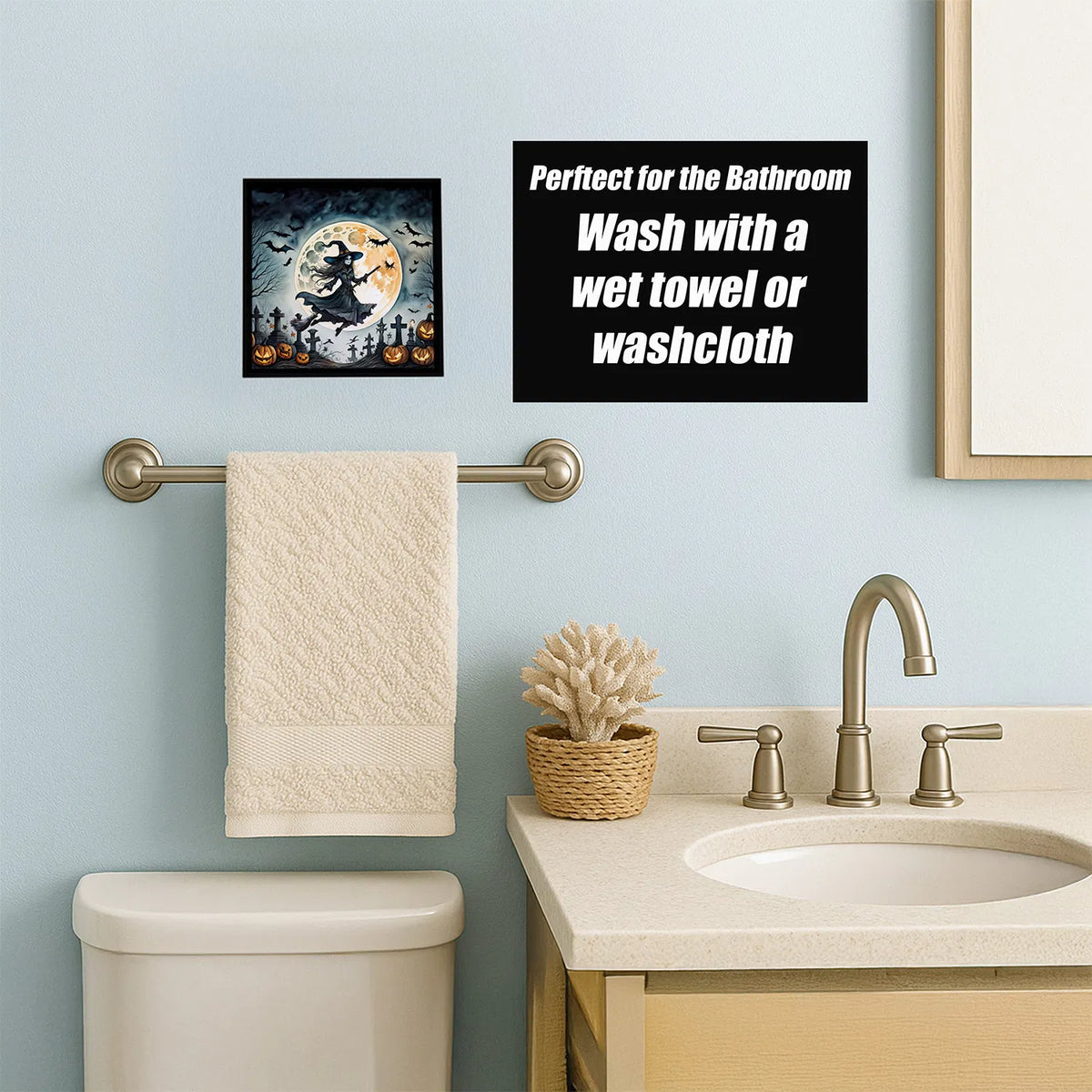 8x8 Inch Framed Halloween Wall Art, Flying Witch Bats Jack‑o‑Lantern Graveyard Metal Print, Ready‑to‑Hang Spooky Decor for Kitchen Bathroom Covered Porch