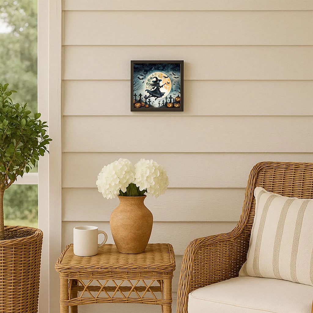 8x8 Inch Framed Halloween Wall Art, Flying Witch Bats Jack‑o‑Lantern Graveyard Metal Print, Ready‑to‑Hang Spooky Decor for Kitchen Bathroom Covered Porch