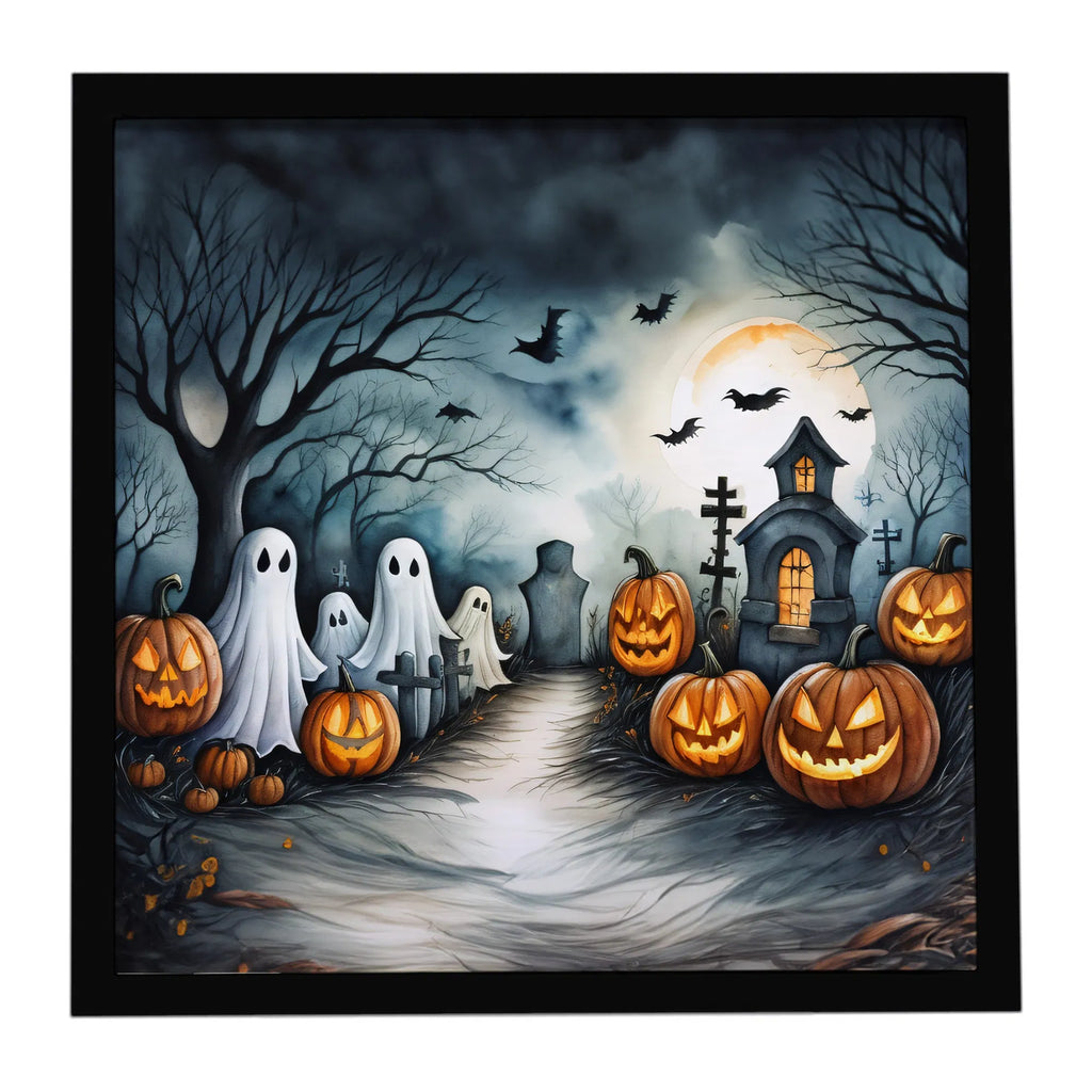 8x8 Inch Framed Halloween Wall Art, Spooky Ghost Jack‑O‑Lantern Graveyard Metal Print, Ready‑to‑Hang Seasonal Holiday Home Decor for Kitchen Bathroom Porch