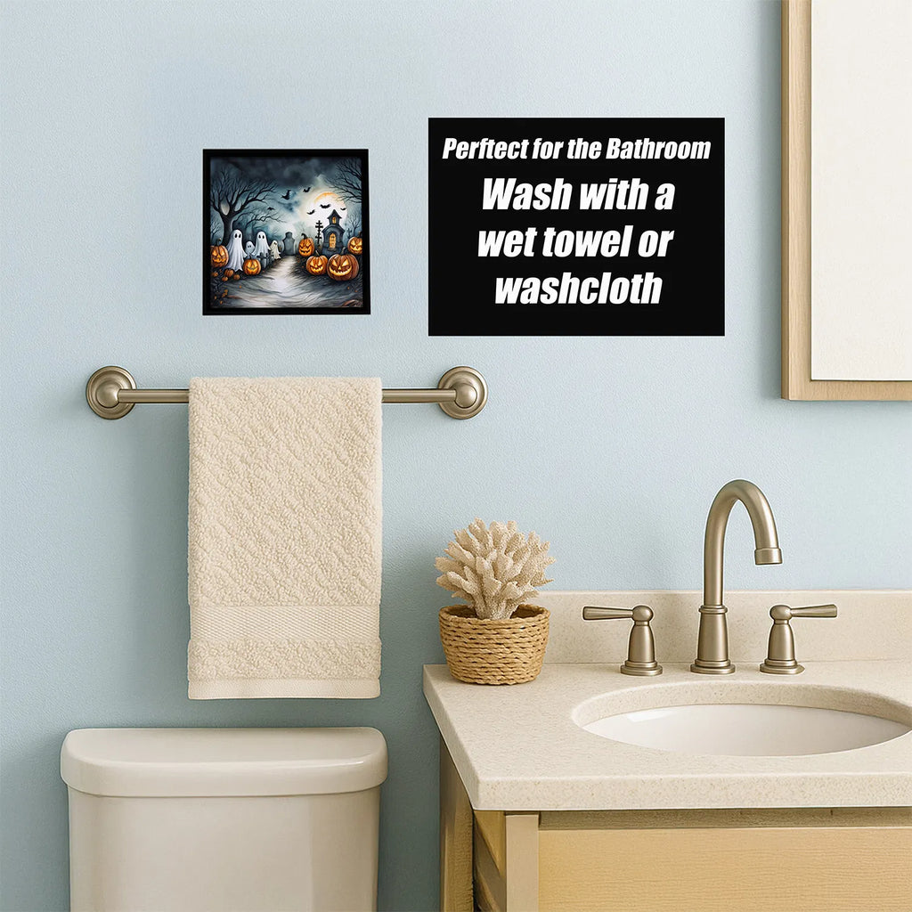 8x8 Inch Framed Halloween Wall Art, Spooky Ghost Jack‑O‑Lantern Graveyard Metal Print, Ready‑to‑Hang Seasonal Holiday Home Decor for Kitchen Bathroom Porch