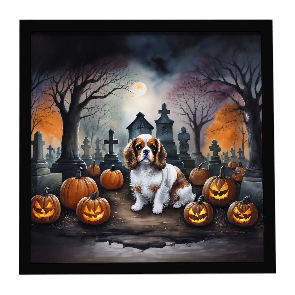 8x8 Inch Framed Halloween Wall Art, Cavalier King Charles Spaniel Graveyard Jack‑O‑Lantern Metal Print, Ready‑to‑Hang Fall Seasonal Home Decor for Kitchen Bathroom Porch