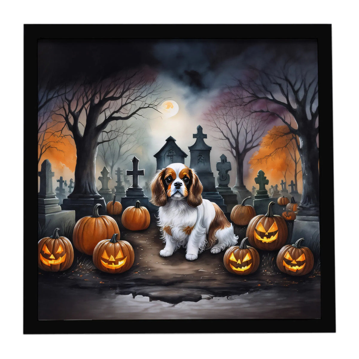 8x8 Inch Framed Halloween Wall Art, Cavalier King Charles Spaniel Graveyard Jack‑O‑Lantern Metal Print, Ready‑to‑Hang Fall Seasonal Home Decor for Kitchen Bathroom Porch