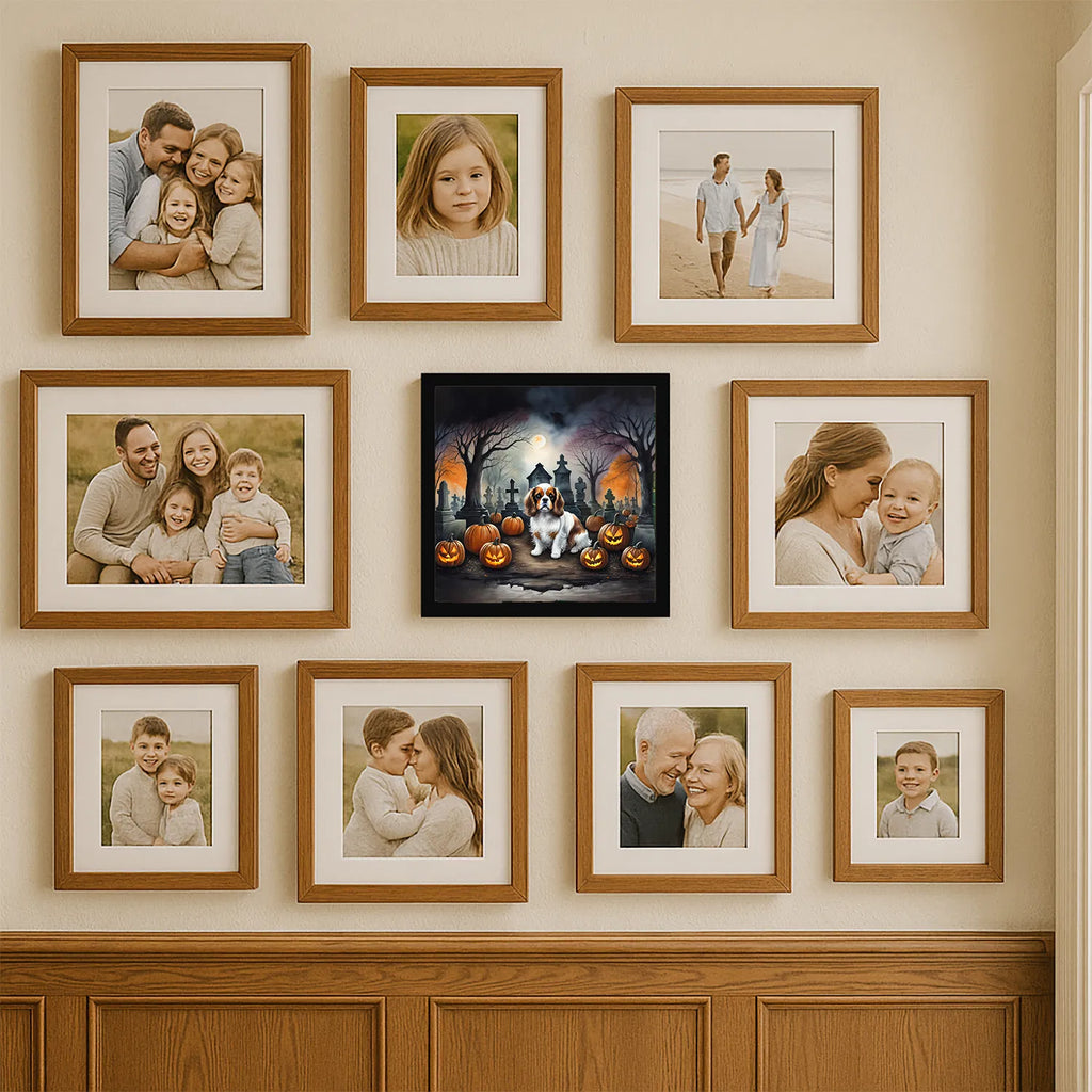 8x8 Inch Framed Halloween Wall Art, Cavalier King Charles Spaniel Graveyard Jack‑O‑Lantern Metal Print, Ready‑to‑Hang Fall Seasonal Home Decor for Kitchen Bathroom Porch