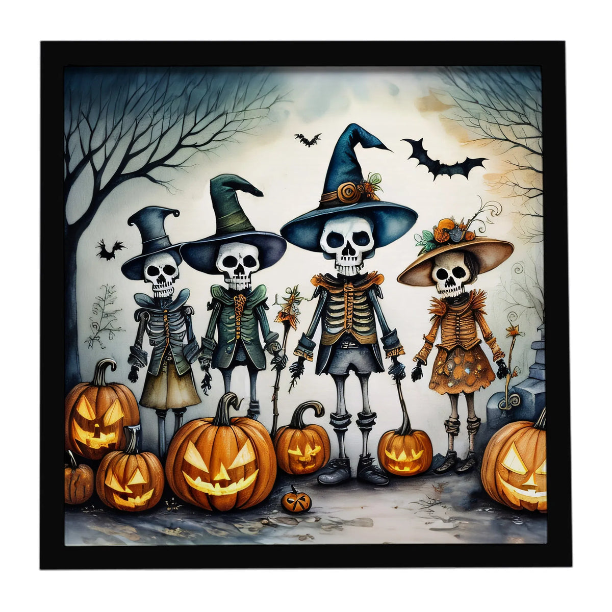8x8 Inch Framed Halloween Wall Art, Skeleton Family with Witch Hats Metal Print, Jack‑O‑Lantern Bats Spooky Season Ready‑to‑Hang Decor for Kitchen Bathroom Covered Porch
