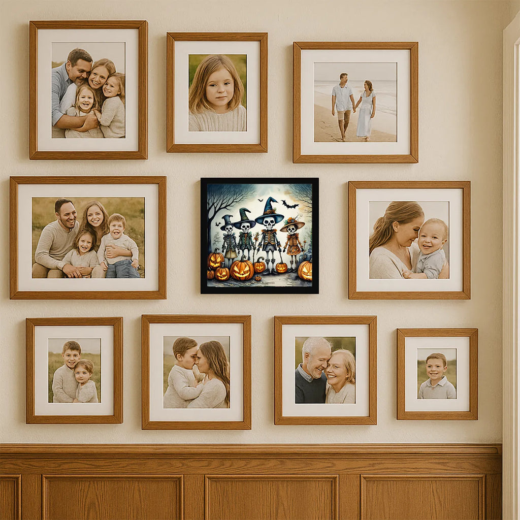 8x8 Inch Framed Halloween Wall Art, Skeleton Family with Witch Hats Metal Print, Jack‑O‑Lantern Bats Spooky Season Ready‑to‑Hang Decor for Kitchen Bathroom Covered Porch