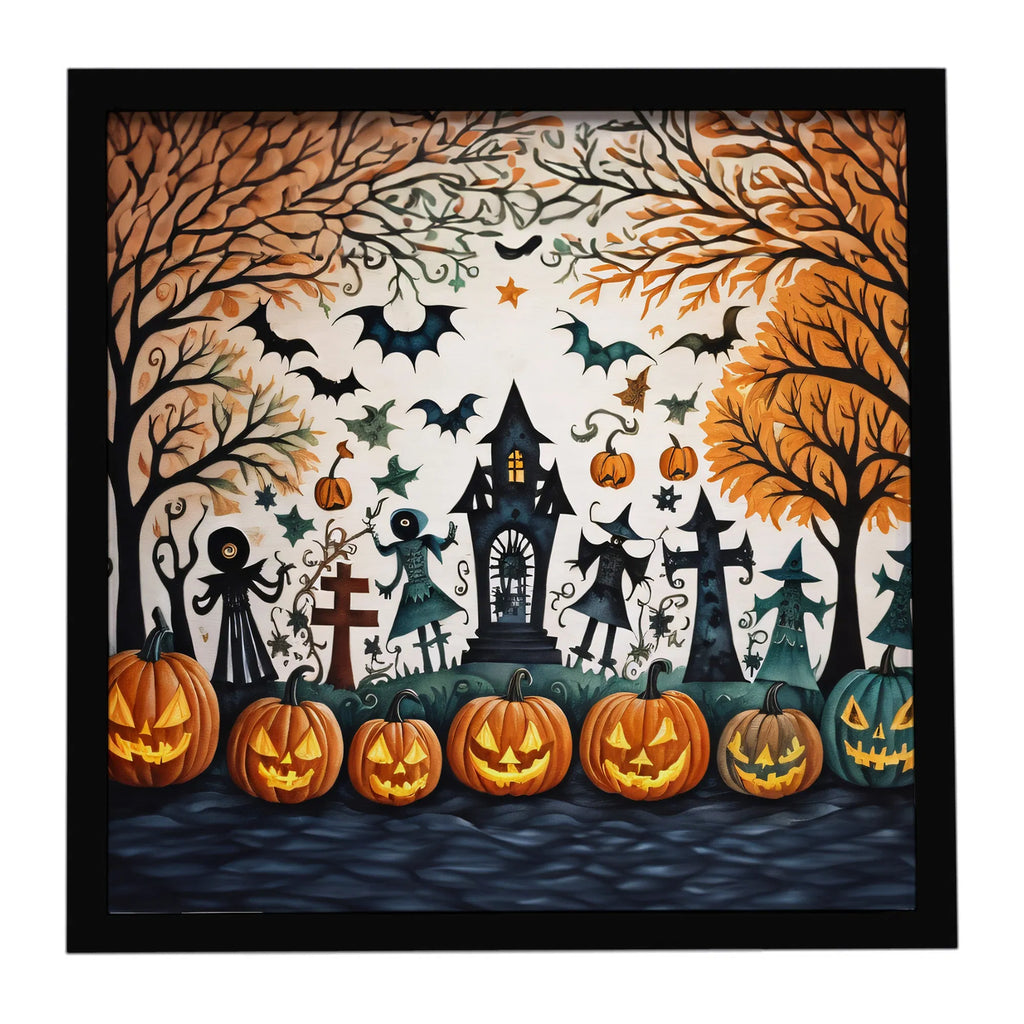 8x8 Inch Framed Halloween Wall Art, Haunted House Graveyard Jack‑O‑Lantern Bats Metal Print, Ready‑to‑Hang Spooky Fall Holiday Decor for Kitchen Bathroom Porch