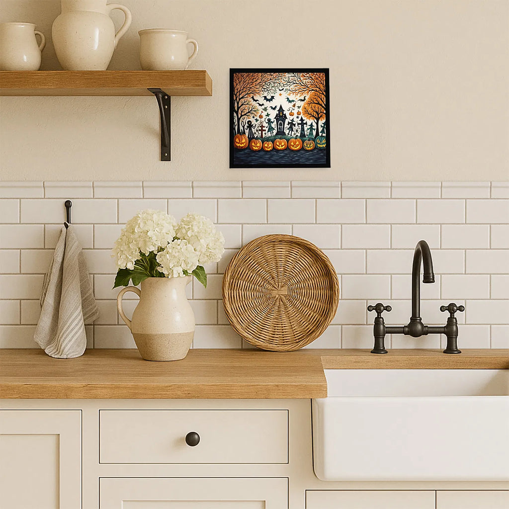 8x8 Inch Framed Halloween Wall Art, Haunted House Graveyard Jack‑O‑Lantern Bats Metal Print, Ready‑to‑Hang Spooky Fall Holiday Decor for Kitchen Bathroom Porch