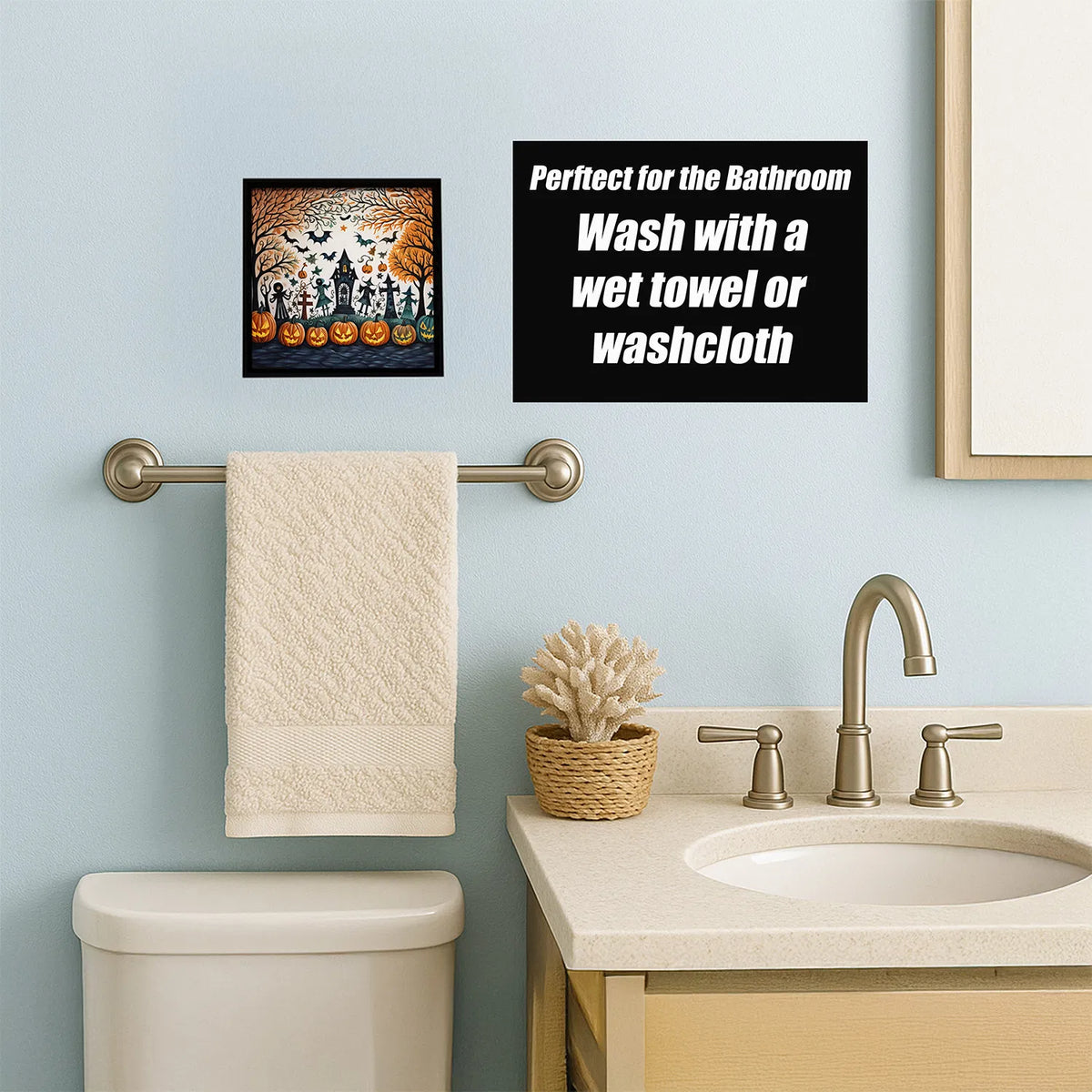 8x8 Inch Framed Halloween Wall Art, Haunted House Graveyard Jack‑O‑Lantern Bats Metal Print, Ready‑to‑Hang Spooky Fall Holiday Decor for Kitchen Bathroom Porch