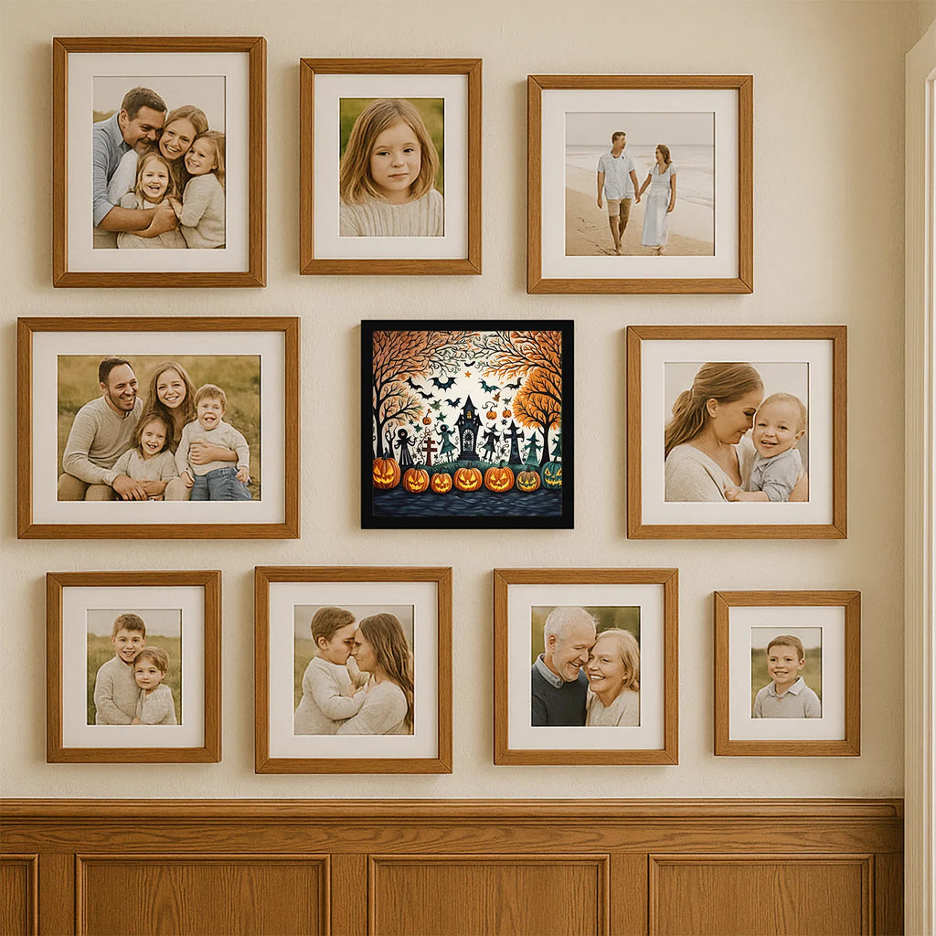 8x8 Inch Framed Halloween Wall Art, Haunted House Graveyard Jack‑O‑Lantern Bats Metal Print, Ready‑to‑Hang Spooky Fall Holiday Decor for Kitchen Bathroom Porch