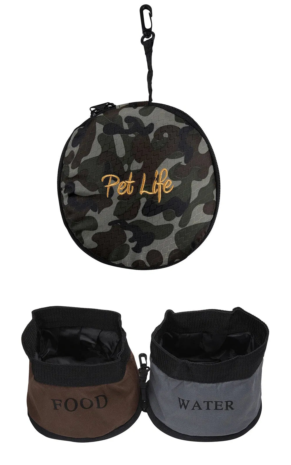 Pet Life Camo Portable Dual Dog Travel Bowls, Foldable Food & Water Feeder Set with Carabiner Clip for Camping Hiking Road Trips