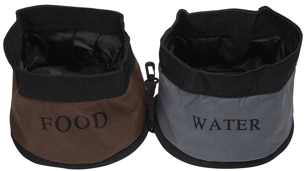 Pet Life Camo Portable Dual Dog Travel Bowls, Foldable Food & Water Feeder Set with Carabiner Clip for Camping Hiking Road Trips
