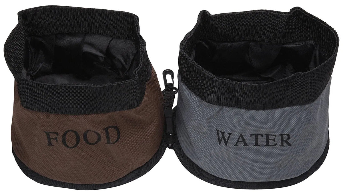 Pet Life Camo Portable Dual Dog Travel Bowls, Foldable Food & Water Feeder Set with Carabiner Clip for Camping Hiking Road Trips