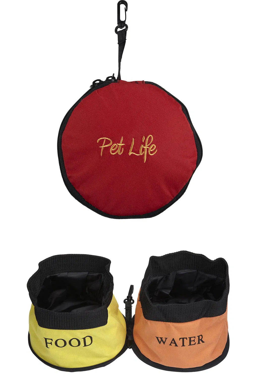 Pet Life Dual Folding Collapsible Dog Travel Bowl, Portable Food & Water Feeder Set with Carabiner Clip for Hiking Camping Trips