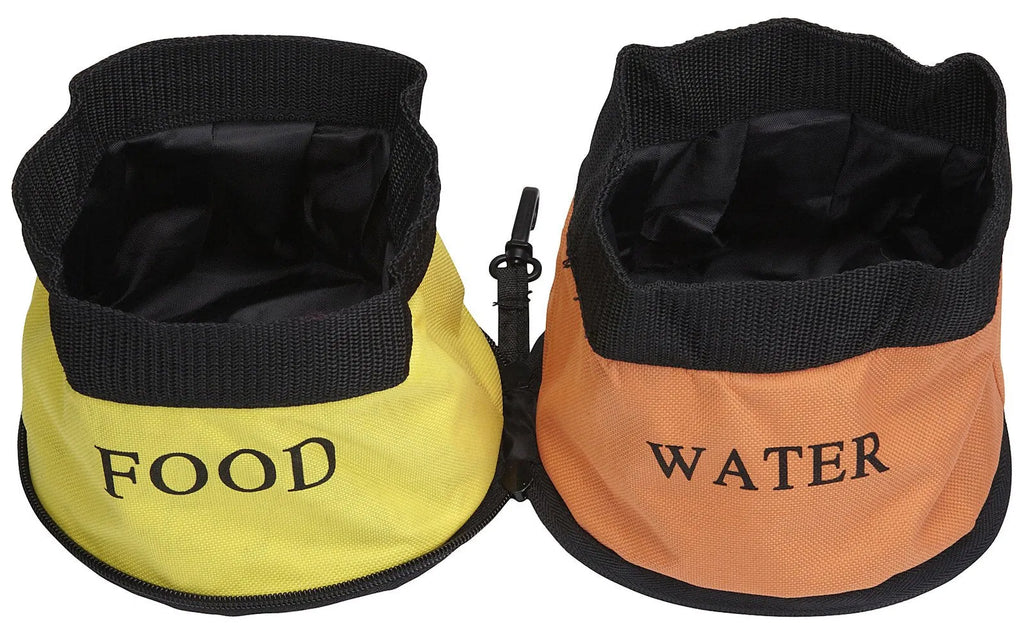 Pet Life Dual Folding Collapsible Dog Travel Bowl, Portable Food & Water Feeder Set with Carabiner Clip for Hiking Camping Trips