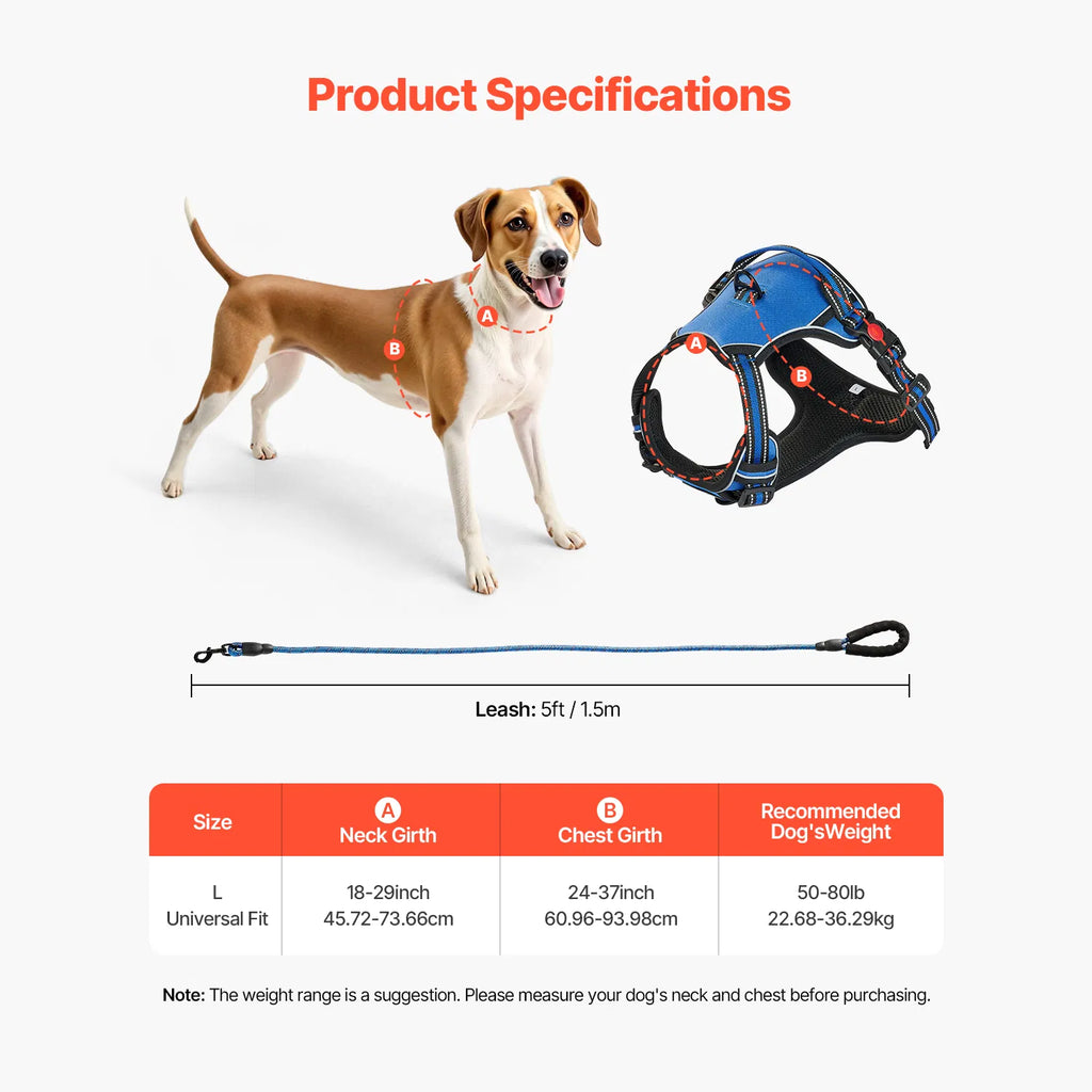 No‑Pull Dog Harness with 5ft Leash, Reflective Adjustable Pet Vest Harness for Medium Large Dogs, Dual Metal Clips Safety Lock Buckle