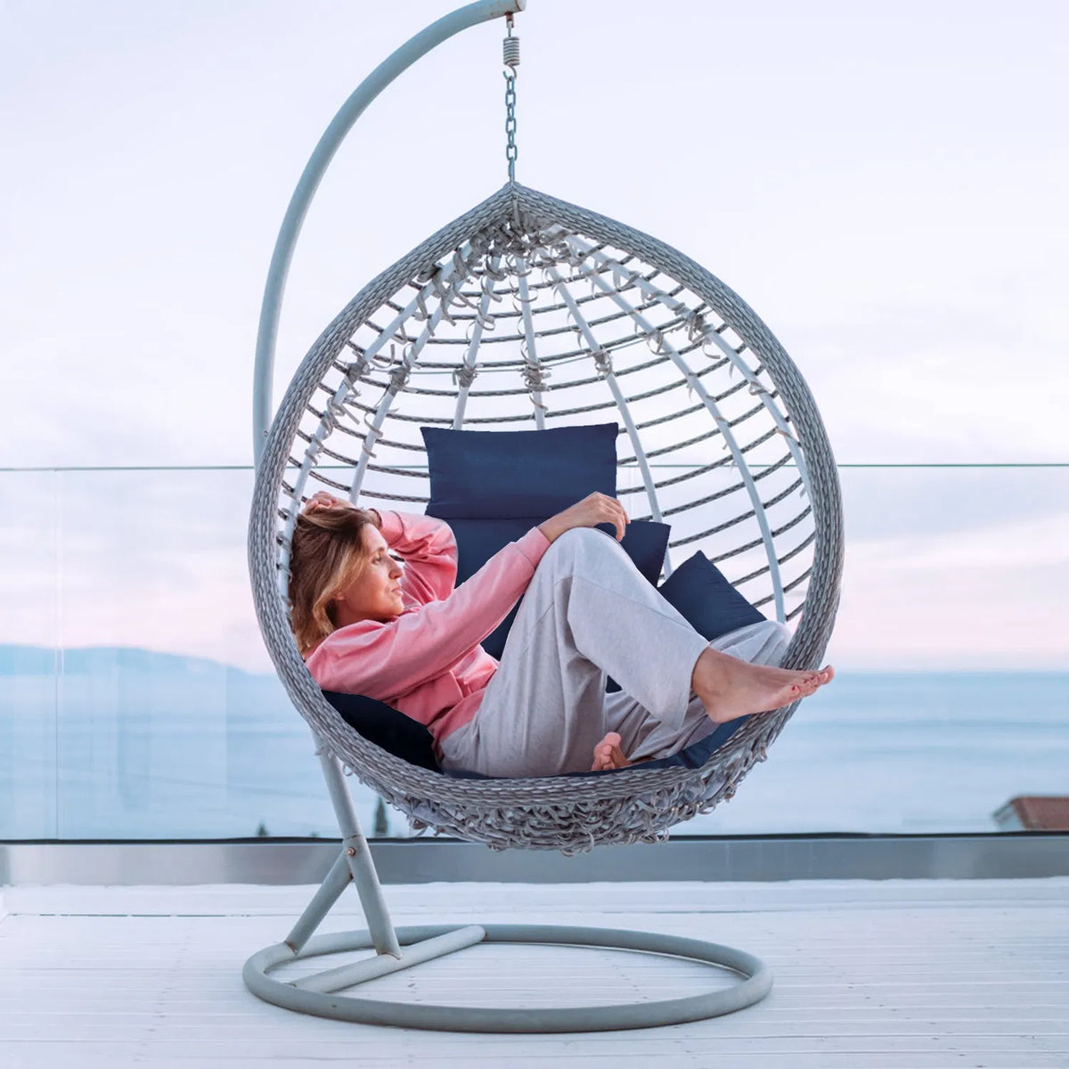 Egg Chair Replacement Cushion,Thick Hollow Cotton Swing Pad with Head Pillow, Removable Washable Cover for Hanging Egg Hammock Chair,Navy Blue