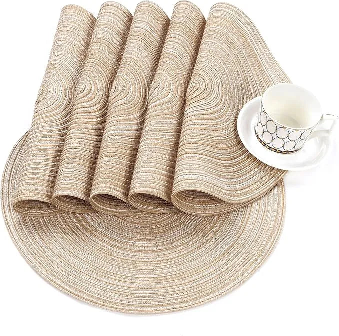 Round Braided Placemats Set of 6,15 Inch Cotton Polyester Woven Table Mats,Heat Resistant Washable Table Place Mats for Dining Table Kitchen Party Home Decor,Beige