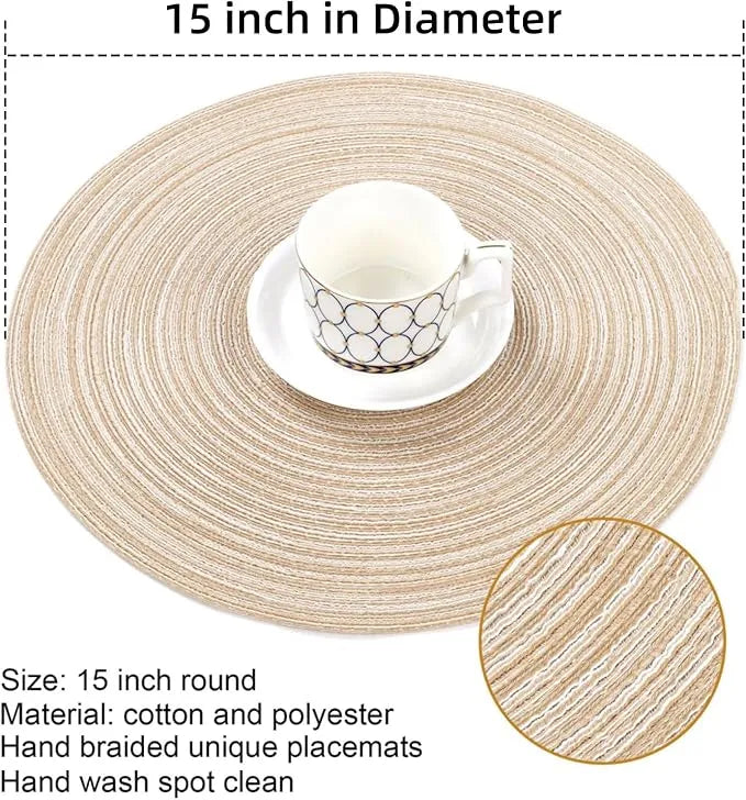 Round Braided Placemats Set of 6,15 Inch Cotton Polyester Woven Table Mats,Heat Resistant Washable Table Place Mats for Dining Table Kitchen Party Home Decor,Beige