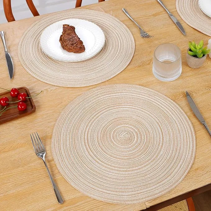 Round Braided Placemats Set of 6,15 Inch Cotton Polyester Woven Table Mats,Heat Resistant Washable Table Place Mats for Dining Table Kitchen Party Home Decor,Beige
