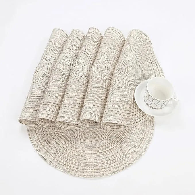 Round Braided Placemats Set of 6, 15 Inch Washable Woven Table Mats, Heat Resistant Polyester Circle Table Place Mats for Dining Table Kitchen Decor, Ivory