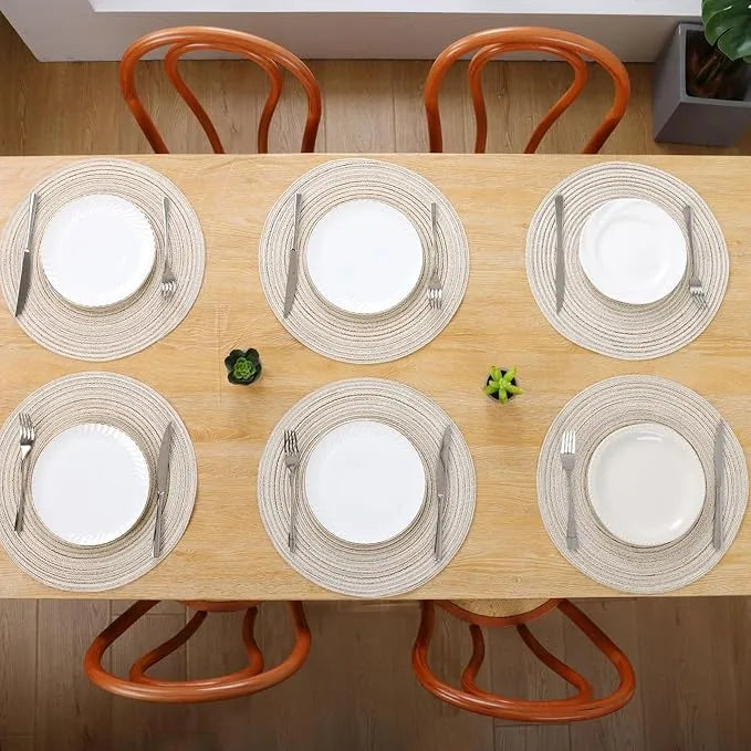 Round Braided Placemats Set of 6, 15 Inch Washable Woven Table Mats, Heat Resistant Polyester Circle Table Place Mats for Dining Table Kitchen Decor, Ivory
