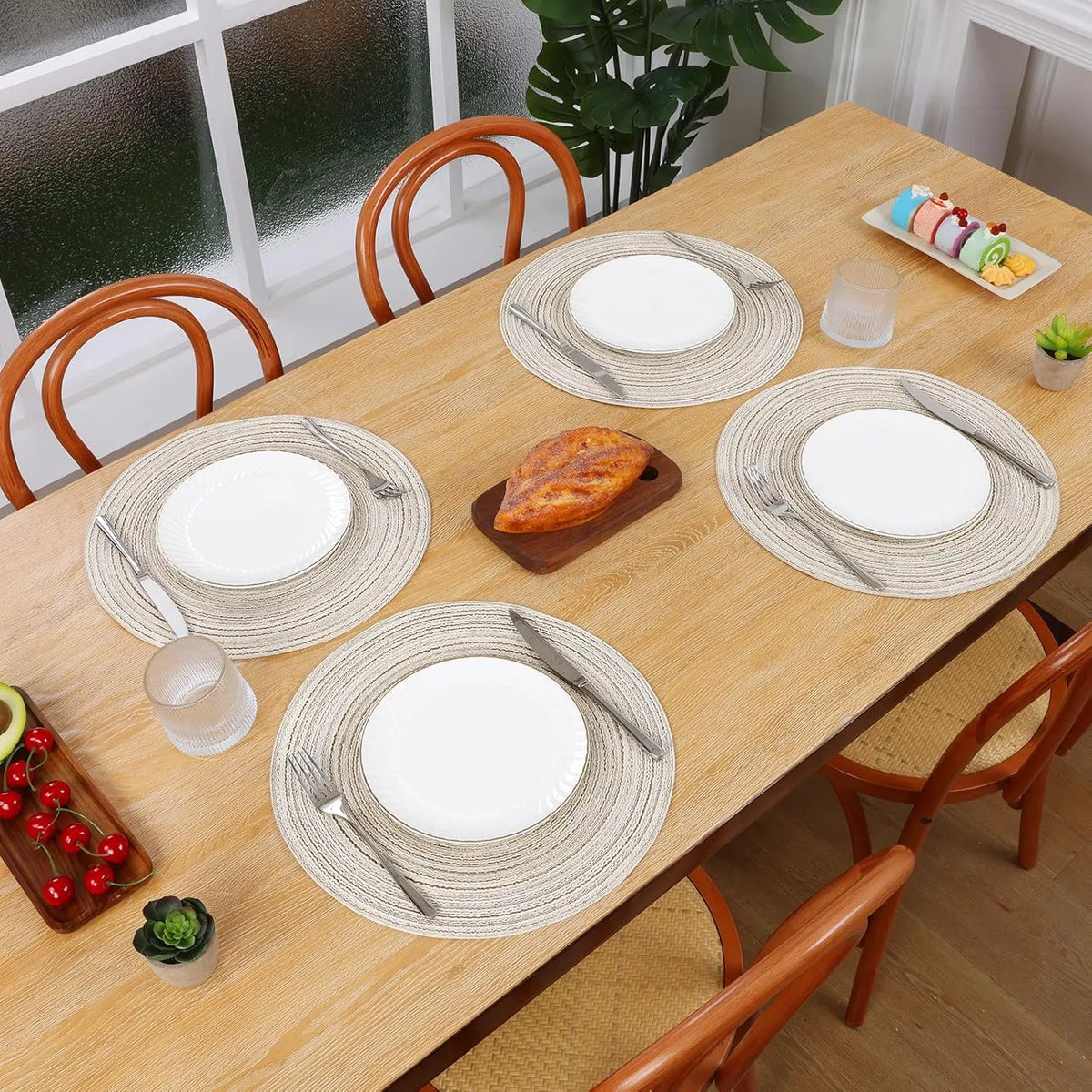 Round Braided Placemats Set of 6, 15 Inch Washable Woven Table Mats, Heat Resistant Polyester Circle Table Place Mats for Dining Table Kitchen Decor, Ivory