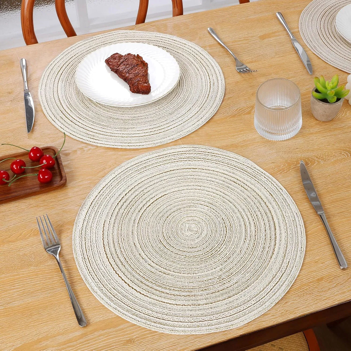 Round Braided Placemats Set of 6, 15 Inch Washable Woven Table Mats, Heat Resistant Polyester Circle Table Place Mats for Dining Table Kitchen Decor, Ivory