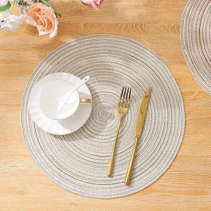Round Braided Placemats Set of 6, 15 Inch Washable Woven Table Mats, Heat Resistant Polyester Circle Table Place Mats for Dining Table Kitchen Decor, Ivory