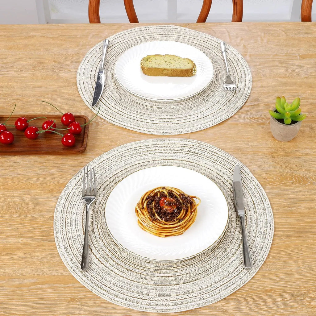 Round Braided Placemats Set of 6, 15 Inch Washable Woven Table Mats, Heat Resistant Polyester Circle Table Place Mats for Dining Table Kitchen Decor, Ivory