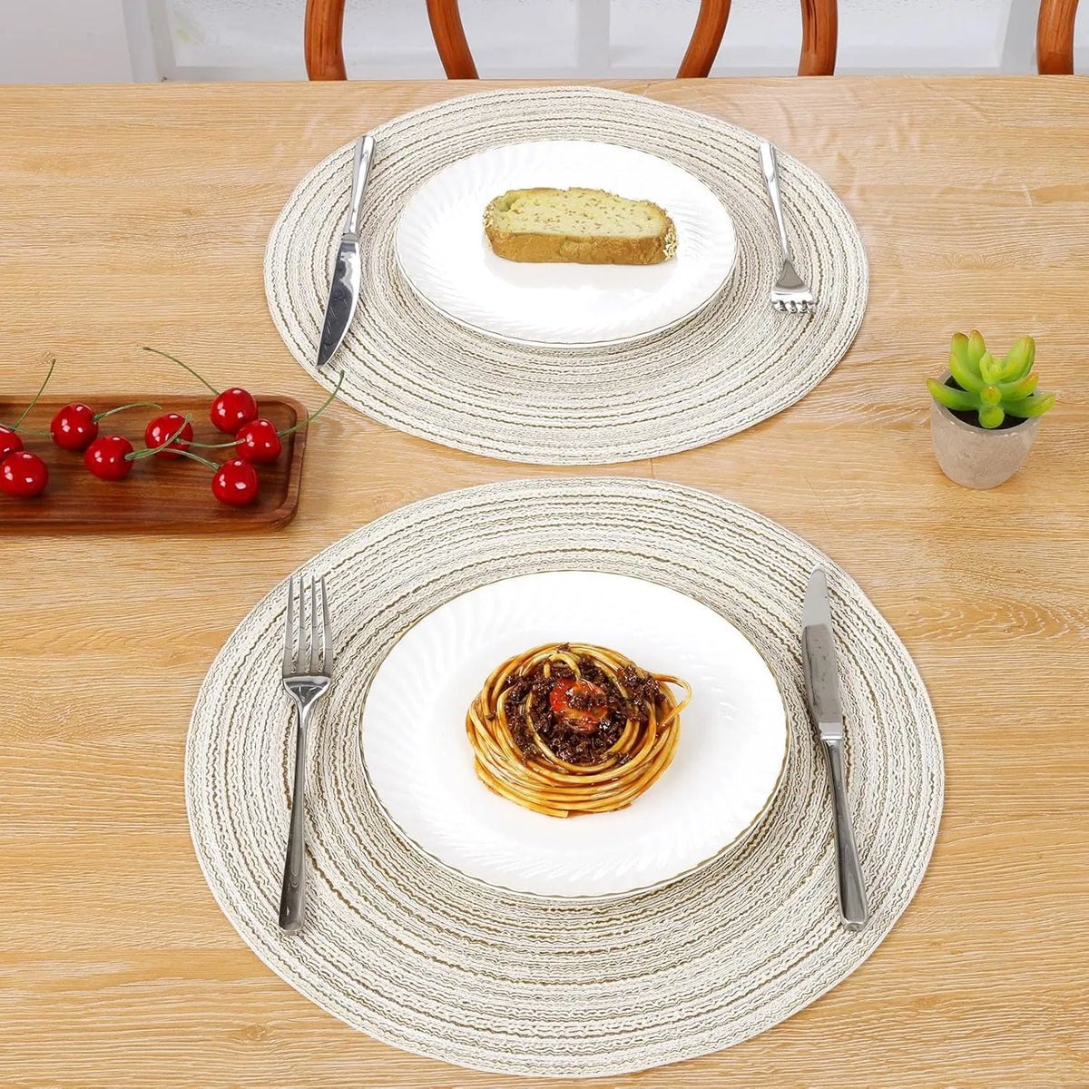 Round Braided Placemats Set of 6, 15 Inch Washable Woven Table Mats, Heat Resistant Polyester Circle Table Place Mats for Dining Table Kitchen Decor, Ivory