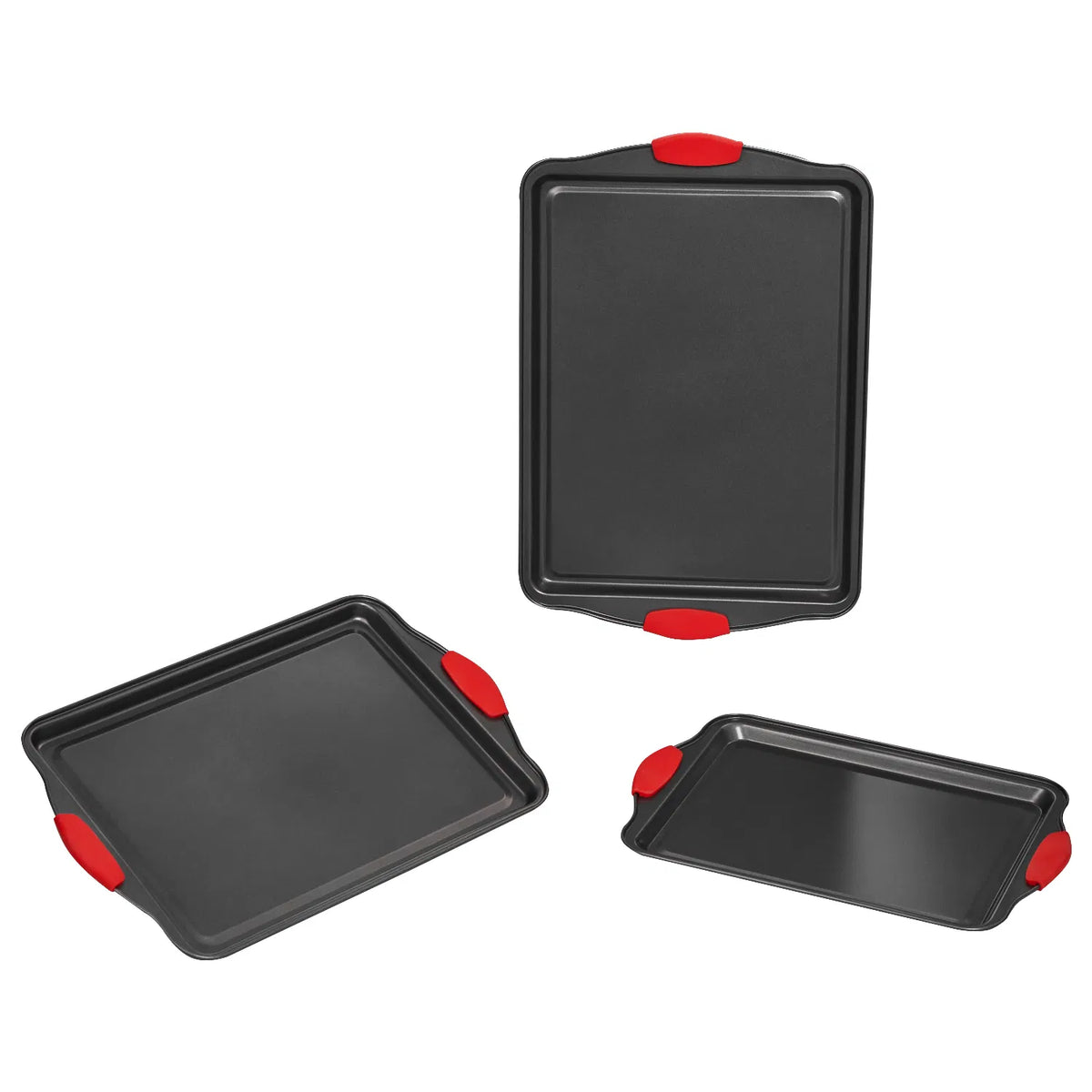 3 Piece Nonstick Baking Sheet Set, Carbon Steel Cookie Pans with Red Silicone Handles, Oven Safe Bakeware for Cookies, Cakes & Roasting
