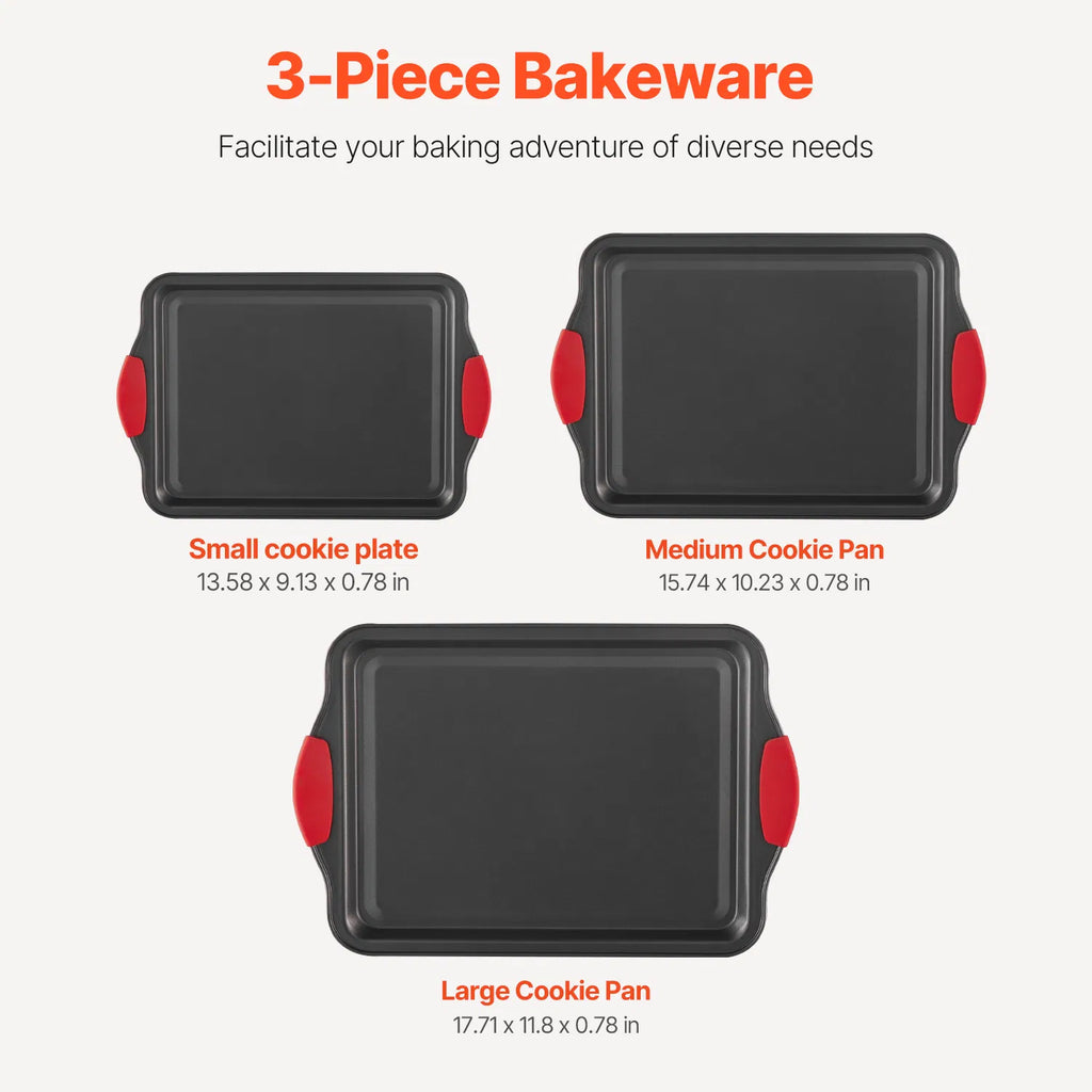3 Piece Nonstick Baking Sheet Set, Carbon Steel Cookie Pans with Red Silicone Handles, Oven Safe Bakeware for Cookies, Cakes & Roasting
