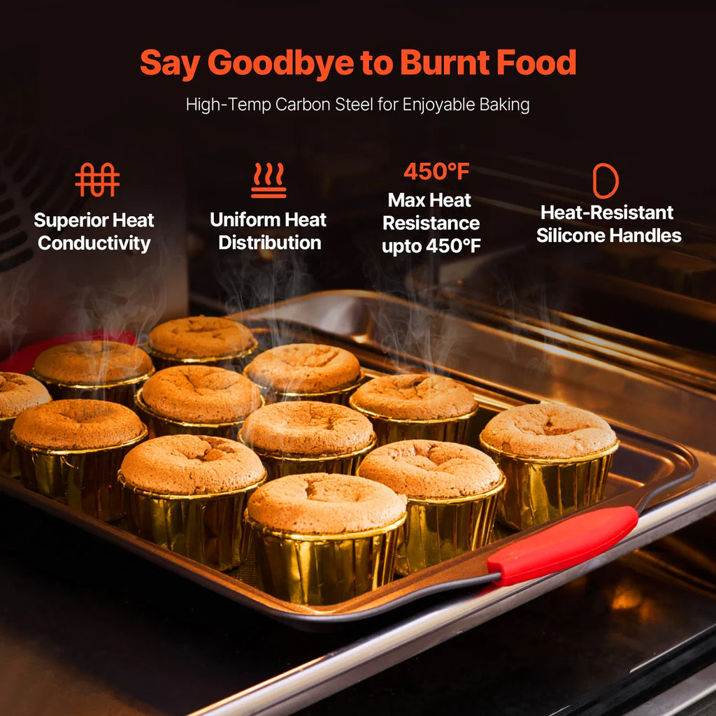 3 Piece Nonstick Baking Sheet Set, Carbon Steel Cookie Pans with Red Silicone Handles, Oven Safe Bakeware for Cookies, Cakes & Roasting