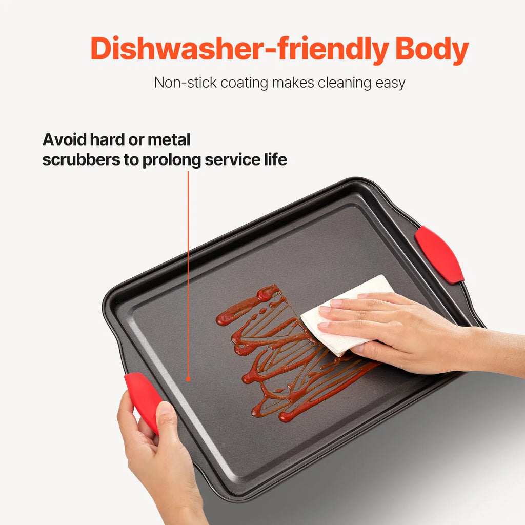 3 Piece Nonstick Baking Sheet Set, Carbon Steel Cookie Pans with Red Silicone Handles, Oven Safe Bakeware for Cookies, Cakes & Roasting