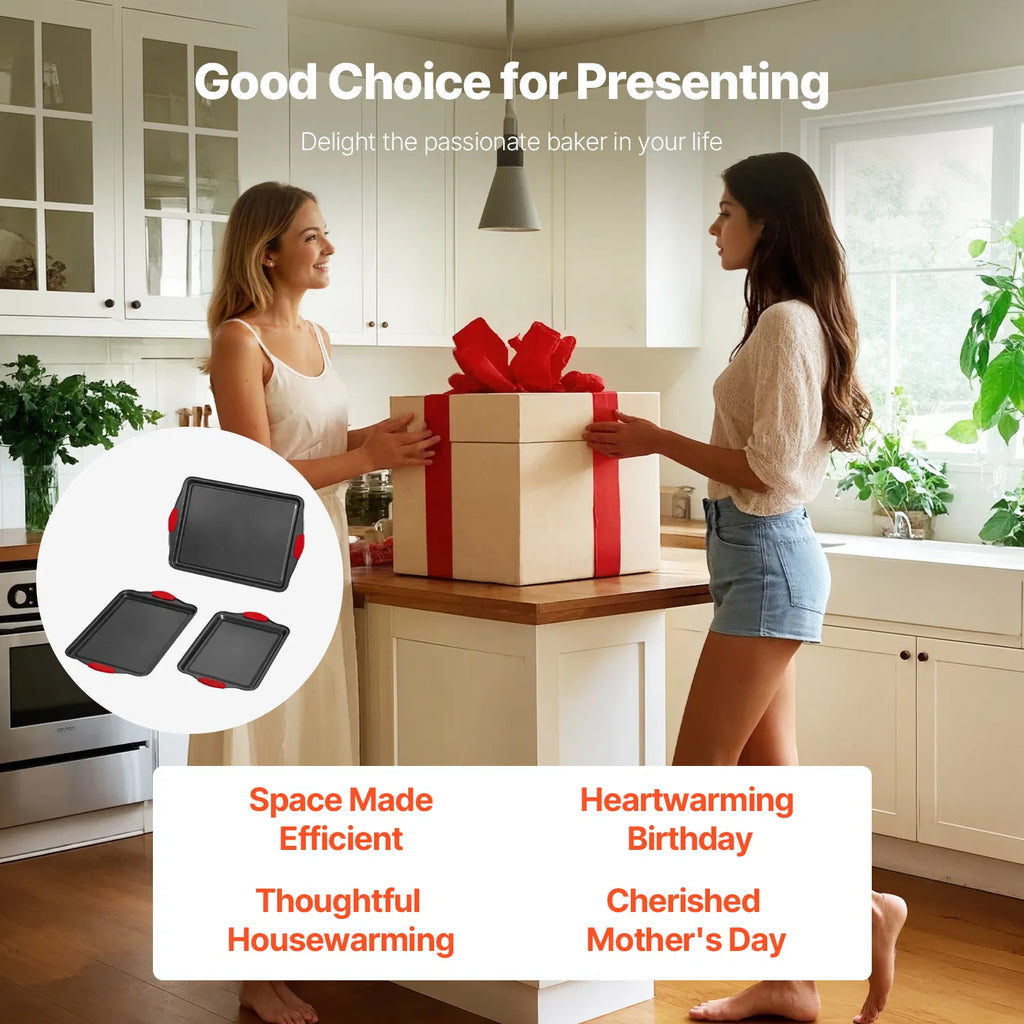 3 Piece Nonstick Baking Sheet Set, Carbon Steel Cookie Pans with Red Silicone Handles, Oven Safe Bakeware for Cookies, Cakes & Roasting