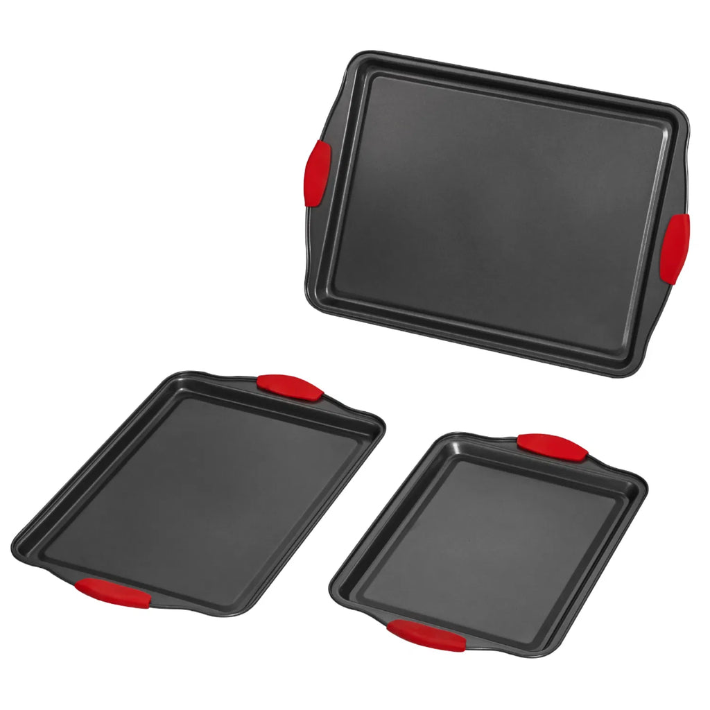 3 Piece Nonstick Baking Sheet Set, Carbon Steel Cookie Pans with Red Silicone Handles, Oven Safe Bakeware for Cookies, Cakes & Roasting