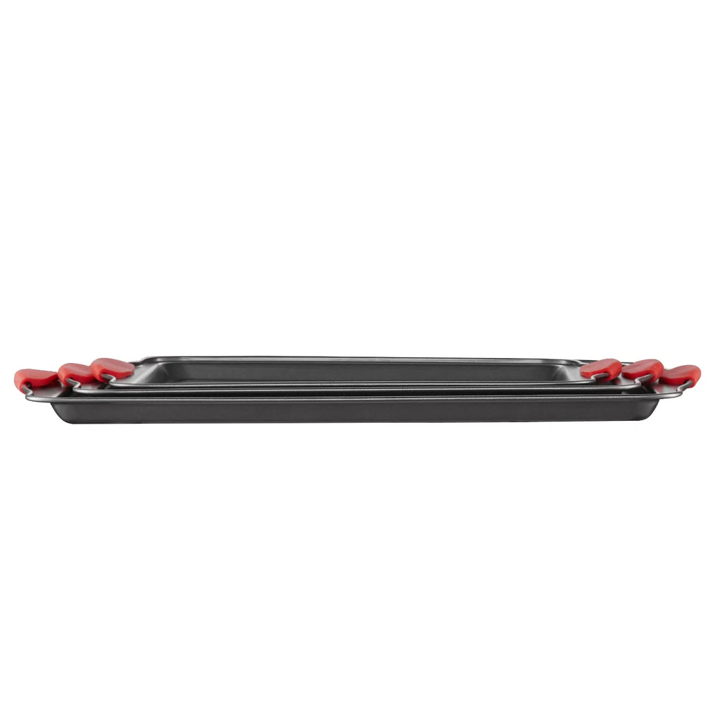 3 Piece Nonstick Baking Sheet Set, Carbon Steel Cookie Pans with Red Silicone Handles, Oven Safe Bakeware for Cookies, Cakes & Roasting