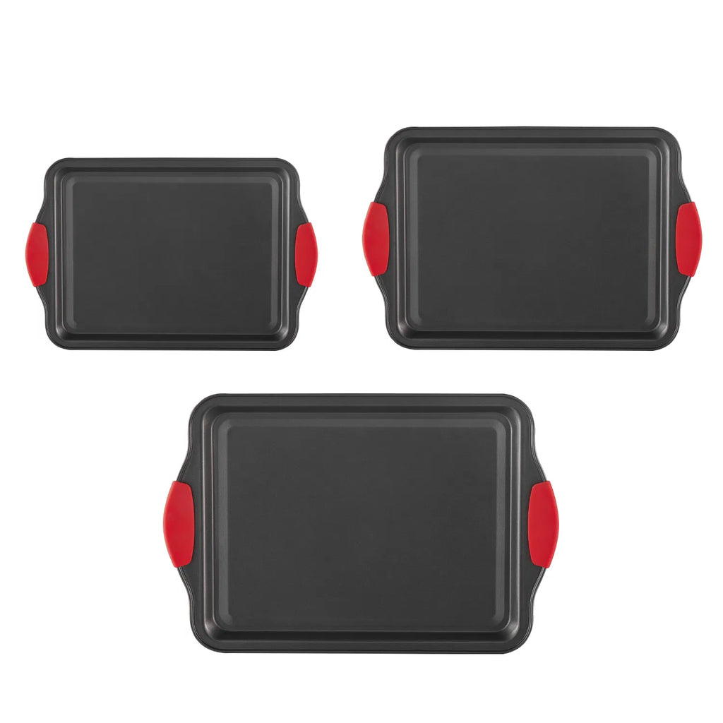 3 Piece Nonstick Baking Sheet Set, Carbon Steel Cookie Pans with Red Silicone Handles, Oven Safe Bakeware for Cookies, Cakes & Roasting