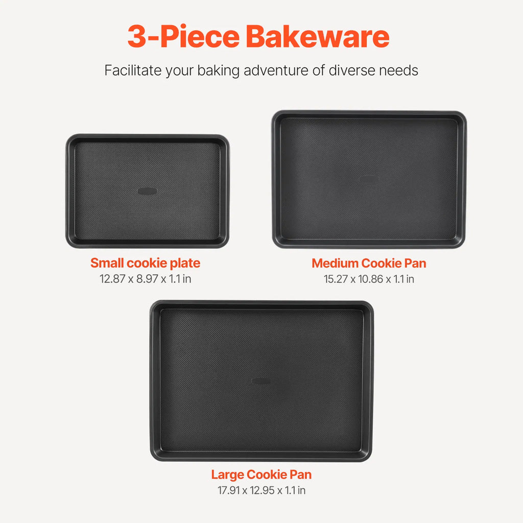 3-Piece Nonstick Carbon Steel Baking Sheet Set, Oven Trays for Cookies, Roasting & Baking, Stackable Bakeware, 450°F Heat Resistant